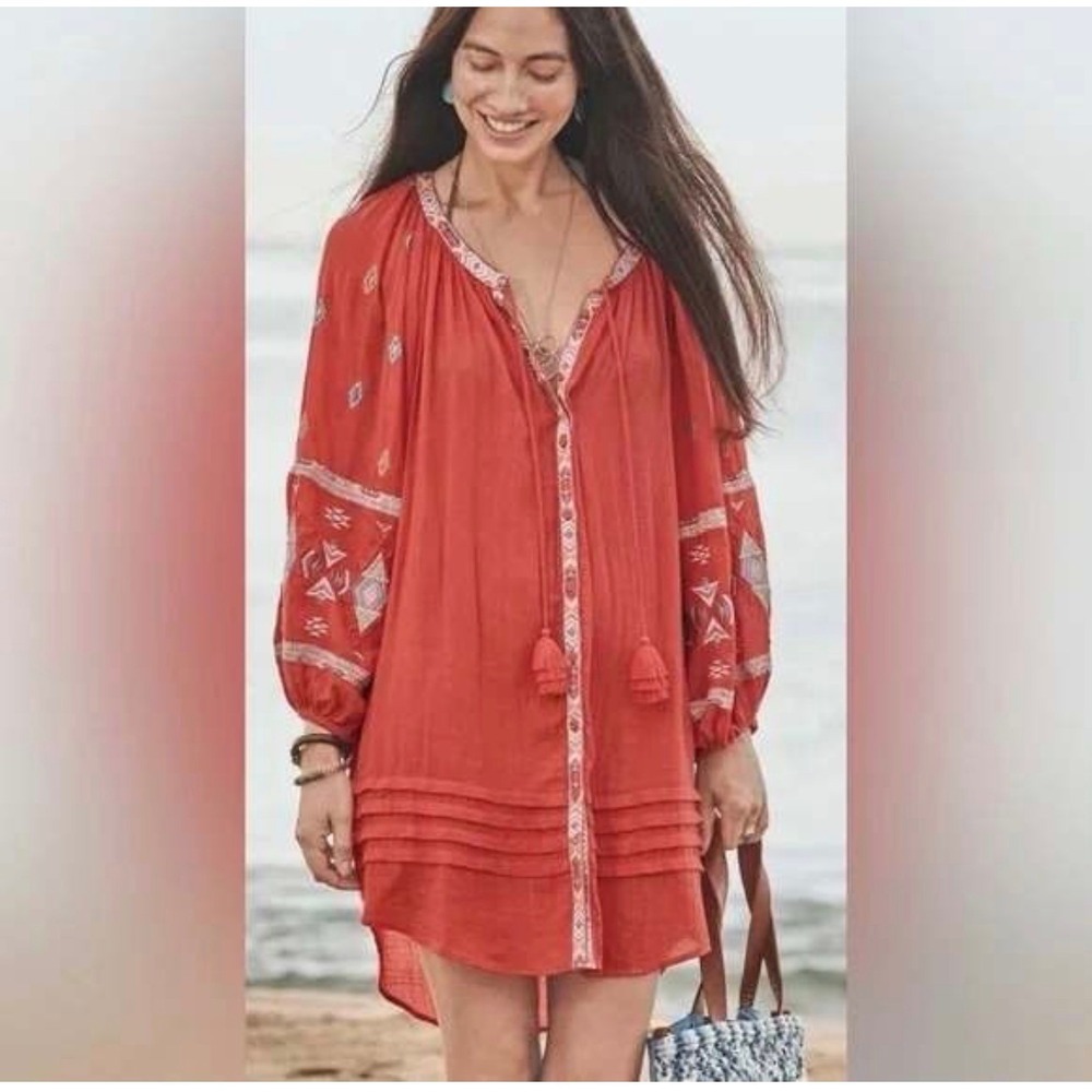 Sundance Women's‎ XS Coral Embroidered Cotton Boho Tassel Tunic Dress Boho Beach